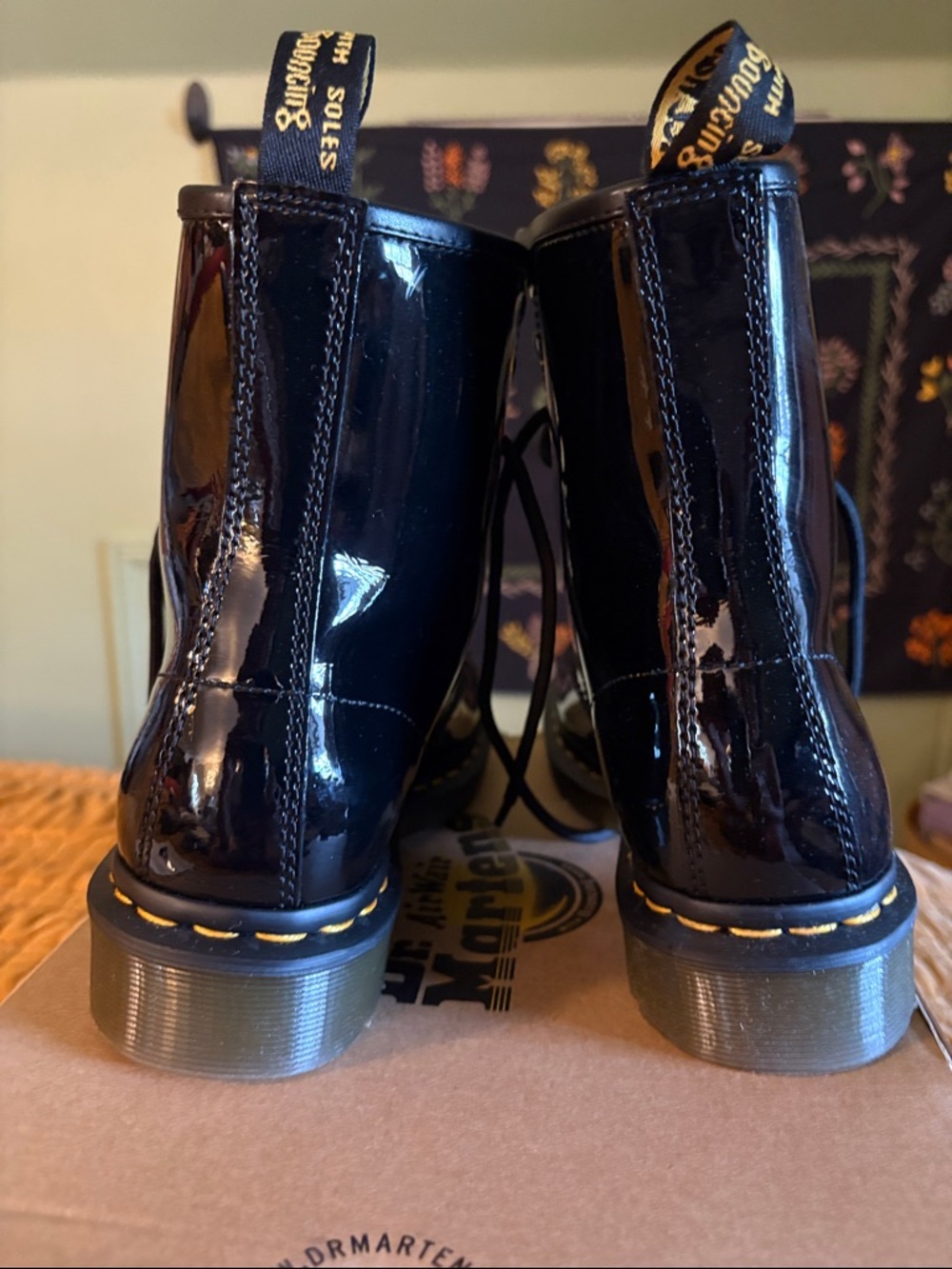 Dr. Martens Black Patent 8-Eye Combat Boots with Yellow Welt Stitching - Picture 6 of 6